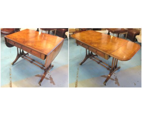 SOFA TABLE, early 20th century walnut with drop flaps and two short drawers below and two false to the reverse on turned colu