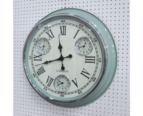 TIME ZONES WALL CLOCK, with three insert world clocks metal casing, with batteries working condition, 52cm diam.