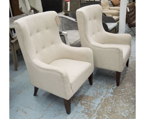 ARMCHAIRS, a pair, button back in neutral fabric on square supports, 68cm W. (2)