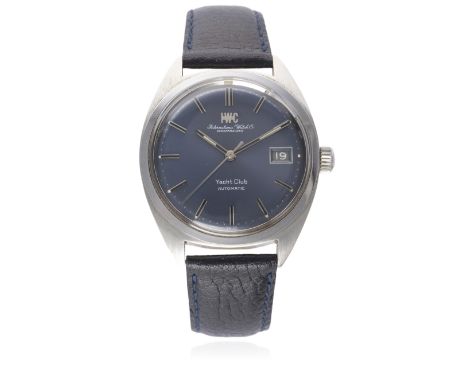 A RARE GENTLEMAN'S STAINLESS STEEL IWC YACHT CLUB AUTOMATIC WRIST WATCH CIRCA 1970
D: Blue sunburst dial with black inlaid si