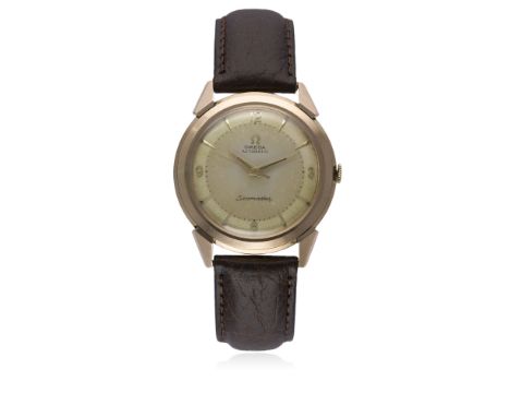 A GENTLEMAN'S 18K SOLID PINK GOLD OMEGA SEAMASTER AUTOMATIC WRIST WATCH CIRCA 1954
D: Two tone silver dial with pink gold "da