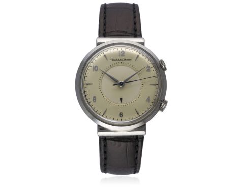 A RARE GENTLEMAN'S STAINLESS STEEL JAEGER LECOULTRE MEMOVOX ALARM WRIST WATCH CIRCA 1950s WITH "HOODED LUGS"
D: Silver dial w
