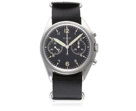 A GENTLEMAN'S STAINLESS STEEL BRITISH MILITARY CWC CHRONOGRAPH WRIST WATCH DATED 1973&nbsp;
D: Black dial with Arabic numeral