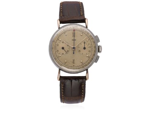 A RARE GENTLEMAN'S STEEL &amp; GOLD JAEGER CHRONOGRAPH WRIST WATCH CIRCA 1940s, REF. 22324 
D: Champagne dial with black Roma