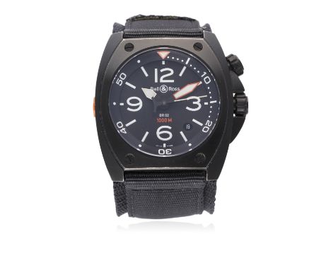 A GENTLEMAN'S PVD COATED BELL &amp; ROSS 1000M DIVERS WRIST WATCH CIRCA 2008 REF. BR02-20
D: Black dial with luminous Arabic 