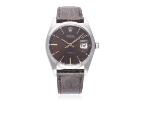 A GENTLEMAN'S STAINLESS STEEL ROLEX OYSTERDATE PRECISION WRIST WATCH CIRCA 1977, REF. 6694 
D: Burgandy sunburst dial with gi