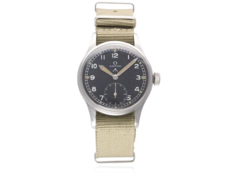 A GENTLEMAN'S STAINLESS STEEL BRITISH MILITARY W.W.W. OMEGA WRIST WATCH CIRCA 1944 
D: Black dial with Arabic numerals &amp; 