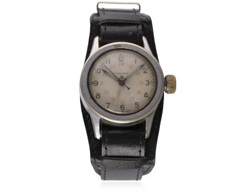 A RARE GENTLEMAN'S BRITISH MILITARY LONGINES PARATROOPERS WRIST WATCH CIRCA 1940s 
D: Silver dial with 12 & 24 hour Arabic nu