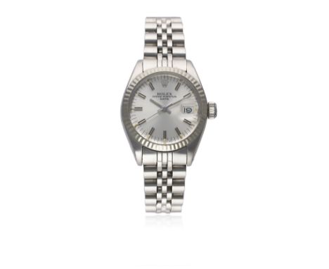 A LADIES STEEL &amp; WHITE GOLD ROLEX OYSTER PERPETUAL DATE&nbsp;BRACELET WATCH CIRCA 1979, REF. 6917
D: Silver dial with bla