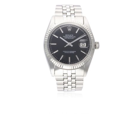 A GENTLEMAN'S STEEL &amp; WHITE GOLD ROLEX OYSTER PERPETUAL DATEJUST BRACELET WATCH CIRCA 1970, REF. 1601
D: Black dial with 