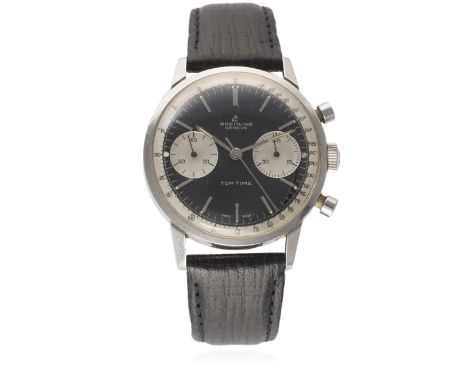 A GENTLEMAN'S STAINLESS STEEL BREITLING TOP TIME CHRONOGRAPH WRIST WATCH CIRCA 1960s, REF. 2002
D: Black dial with silver bat