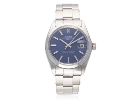 A GENTLEMAN'S STAINLESS STEEL ROLEX OYSTER PERPETUAL DATE BRACELET WATCH CIRCA 1969, REF. 1500 
D: Blue dial with silver bato