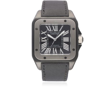 A TITANIUM &amp; PVD COATED CARTIER SANTOS 100 AUTOMATIC WRIST WATCH CIRCA 2006, REF. 2656 
D: Black dial with Roman numerals