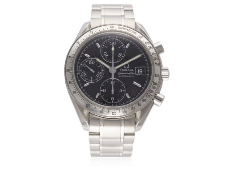 A GENTLEMAN'S STAINLESS STEEL OMEGA SPEEDMASTER AUTOMATIC CHRONOGRAPH BRACELET WATCH DATED 2003, REF. 58192594 WITH WARRANTY 