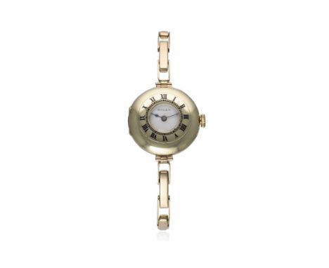 A LADIES 9CT SOLID GOLD ROLEX HALF HUNTER BRACELET WATCH CIRCA 1915&nbsp;

D: White enamel dial. M: Manual wind movement. C: 