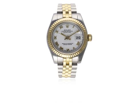 A LADIES STEEL &amp; GOLD ROLEX OYSTER PERPETUAL DATEJUST BRACELET WATCH CIRCA 2003, REF. 179173
D: White dial with gold Roma