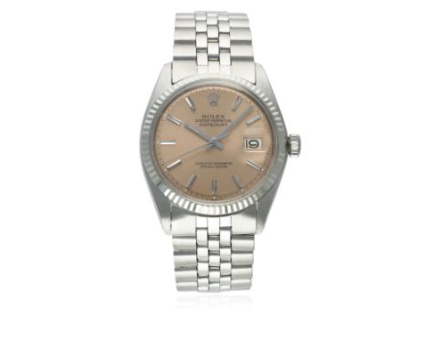 A GENTLEMAN'S STEEL &amp; WHITE GOLD ROLEX OYSTER PERPETUAL DATEJUST BRACELET WATCH CIRCA 1971, REF. 1601&nbsp;
D: Salmon pin