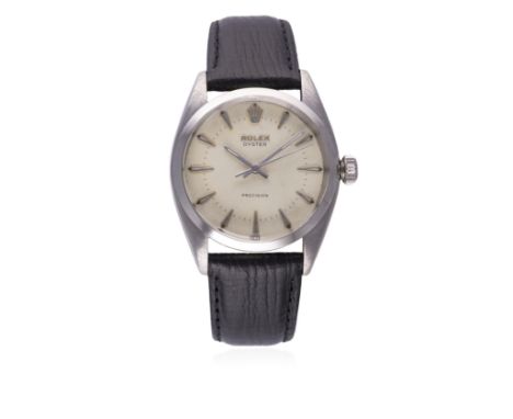 A GENTLEMAN'S STAINLESS STEEL ROLEX OYSTER PRECISION WRIST WATCH CIRCA 1957, REF. 6422&nbsp;
D: Silver dial with silver "dagg