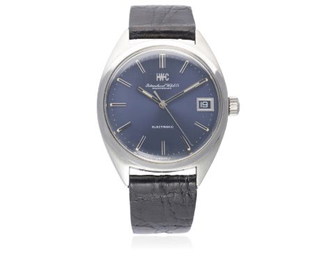 A GENTLEMAN'S STAINLESS STEEL IWC ELECTRONIC WRIST WATCH CIRCA 1960s WITH ORIGINAL IWC STRAP &amp; PIN BUCKLE
D: Blue sunburs