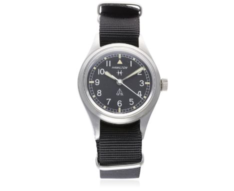 A GENTLEMAN'S STAINLESS STEEL KENYAN ARMY HAMILTON GENERAL SERVICE TROPICALIZED WRIST WATCH REF. 75003-3 CIRCA 1970 
D: Black