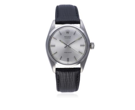 A GENTLEMAN'S STAINLESS STEEL ROLEX OYSTER PRECISION WRIST WATCH CIRCA 1969, REF. 6426 
D: Silver sunburst dial with silver b