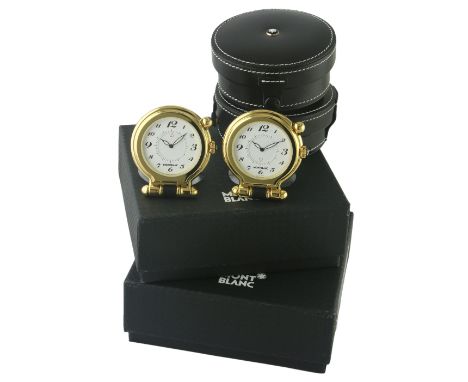 TWO GILT METAL MONTBLANC MEISTERSTUCK TRAVEL ALARM CLOCKS CIRCA 2012, REF.29313 IN UNUSED CONDITION WITH ORIGINAL BOX &amp; O