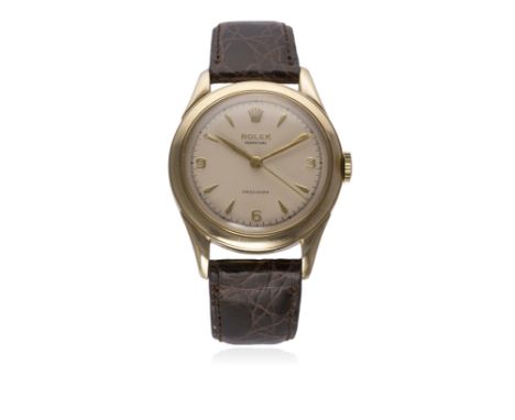 A RARE GENTLEMAN'S 9CT SOLID GOLD ROLEX PERPETUAL PRECISION WRIST WATCH CIRCA 1950s&nbsp;
D: Silver dial with raised gilt Ara