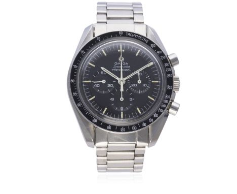 A RARE GENTLEMAN'S STAINLESS STEEL OMEGA SPEEDMASTER PROFESSIONAL "SCRITTE DRITTE" CHRONOGRAPH BRACELET WATCH CIRCA 1971, REF