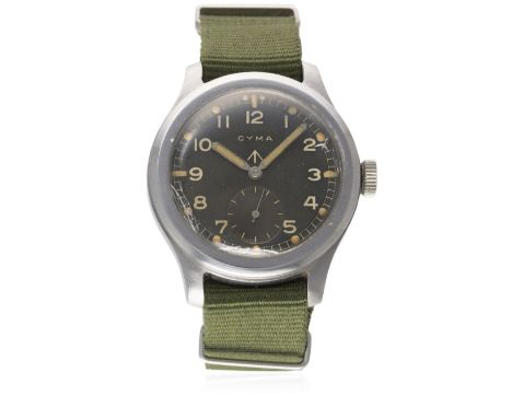A GENTLEMAN'S STAINLESS STEEL BRITISH MILITARY W.W.W. CYMA WRIST WATCH CIRCA 1940s 
D: Black dial with Arabic numerals, lumin