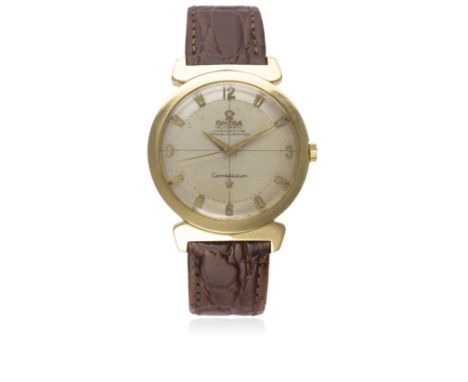 A RARE GENTLEMAN'S 18K SOLID GOLD OMEGA CONSTELLATION CHRONOMETER WRIST WATCH CIRCA 1952, REF. 14326 SC WITH "HOODED LUGS"
D: