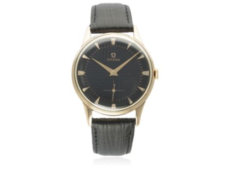 A GENTLEMAN'S LARGE SIZE 18K SOLID PINK GOLD OMEGA WRIST WATCH CIRCA 1954, REF 2619 
D: Black patterned dial with gilt facete