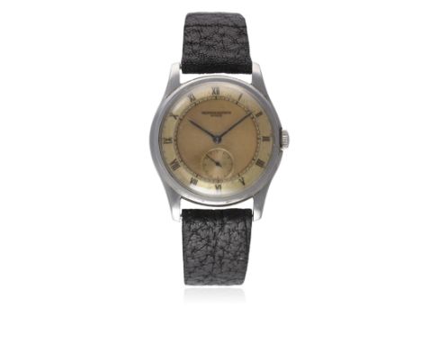 A RARE GENTLEMAN'S STAINLESS STEEL VACHERON &amp; CONSTANTIN WRIST WATCH CIRCA 1950s
D: Two tone silver dial with black Roman