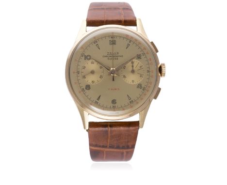 A GENTLEMAN'S LARGE SIZE 18K SOLID ROSE GOLD ZELUS CHRONOGRAPHE SUISSE CHRONOGRAPH WRIST WATCH CIRCA 1940s&nbsp;
D: Gold colo