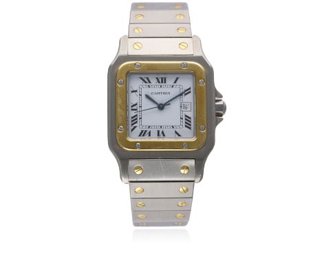 A GENTLEMAN'S STEEL &amp; GOLD CARTIER SANTOS AUTOMATIC BRACELET WATCH CIRCA 1990s 
D: White dial with black Roman numerals, 