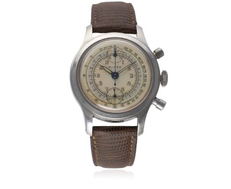 A GENTLEMAN'S STAINLESS STEEL ELOGA CHRONOGRAPH WRIST WATCH CIRCA 1940s&nbsp;
D: Silver two tone dial with luminous Arabic nu