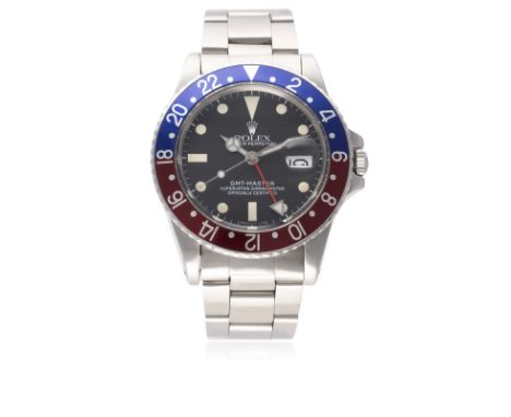 A GENTLEMAN'S STAINLESS STEEL ROLEX OYSTER PERPETUAL DATE GMT MASTER BRACELET WATCH CIRCA 1983, REF. 16750&nbsp;"TRANSITIONAL