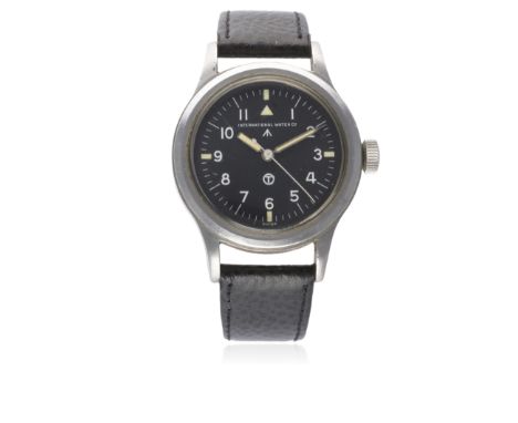 A GENTLEMAN'S STAINLESS STEEL BRITISH MILITARY RAF IWC MARK 11 PILOTS WRIST WATCH DATED 1950
D: Black dial with Arabic numera