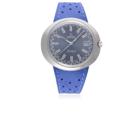 A GENTLEMAN'S STAINLESS STEEL OMEGA GENEVE "RACING" DYNAMIC AUTOMATIC WRIST WATCH CIRCA 1970s 
D: Blue dial with silver baton