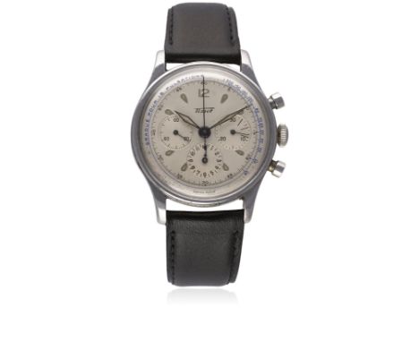 A RARE GENTLEMAN'S TISSOT CHRONOGRAPH WRIST WATCH CIRCA 1950s, REF. 4581
D: Silver dial with luminous inlaid "tear drop" mark