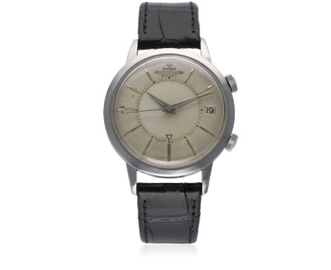 A GENTLEMAN'S STAINLESS STEEL JAEGER LECOULTRE MEMOVOX AUTOMATIC ALARM WRIST WATCH CIRCA 1960s 
D: Silver dial with silver ba