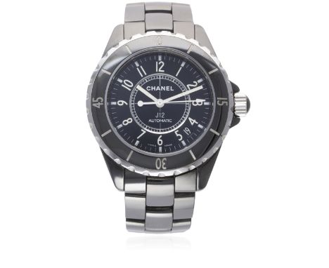 A FULL SIZE BLACK CERAMIC CHANEL J12 AUTOMATIC BRACELET WATCH CIRCA 2010
D: Black dial with white Arabic numerals, date apert