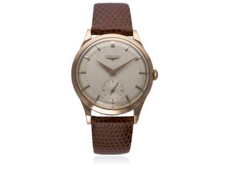 A GENTLEMAN'S 18K SOLID PINK GOLD LONGINES WRIST WATCH CIRCA 1958, REF. 7016-1
D: Two tone silver dial with pink gold batons 