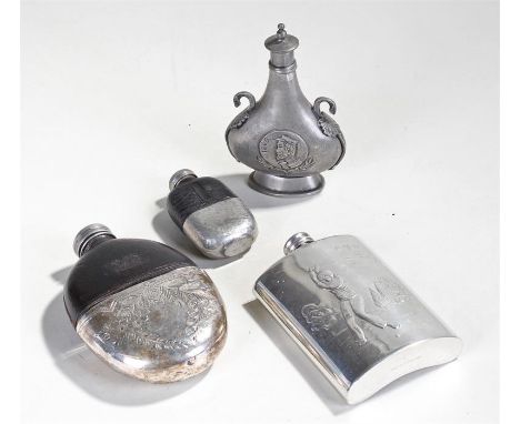 Golfing Hip flask, together with a pewter flask and two pewter with leather hip flasks, (4)