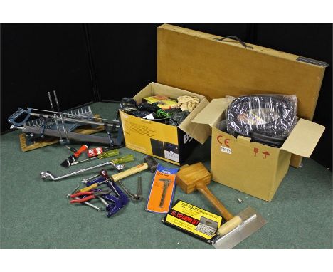 A quantity of hand tools including hammers, screwdrivers and wrenches along with a fold-up pasting table (qty)