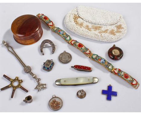 Collection of objects, to include a micro mosaic bracelet, an olive wood box, a fruit knife, a miniature pen knife, a compass