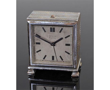 Zenith silver plated timepiece. The engine turned case with a signed dial and Roman hours, 7cm high