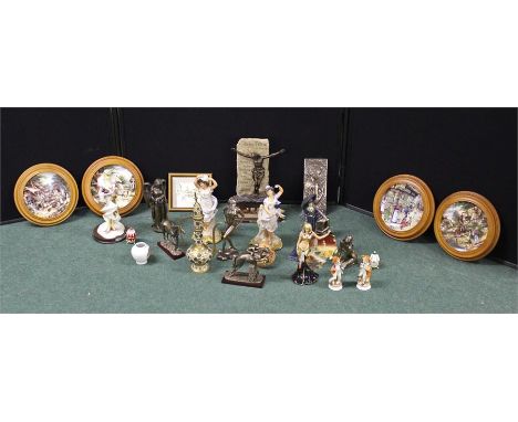 Mixed works of Art including ceramic figures, a print and presentation plates (qty)
