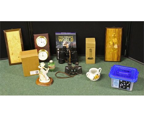 Mixed works of art along with a pair of binoculars and a mounted clock and barometer (qty)