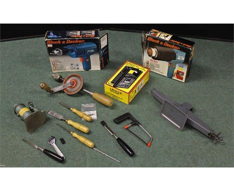 Collection of hand tools along with a black and decker  drill and paint stripper (qty)