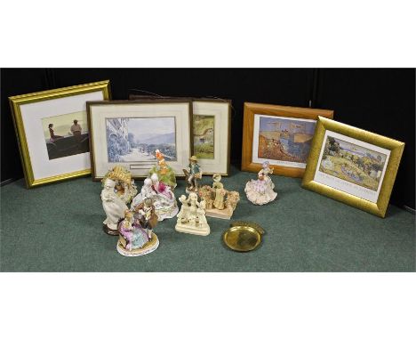 mixed works of art, four framed prints along with ceramic figurines(qty)